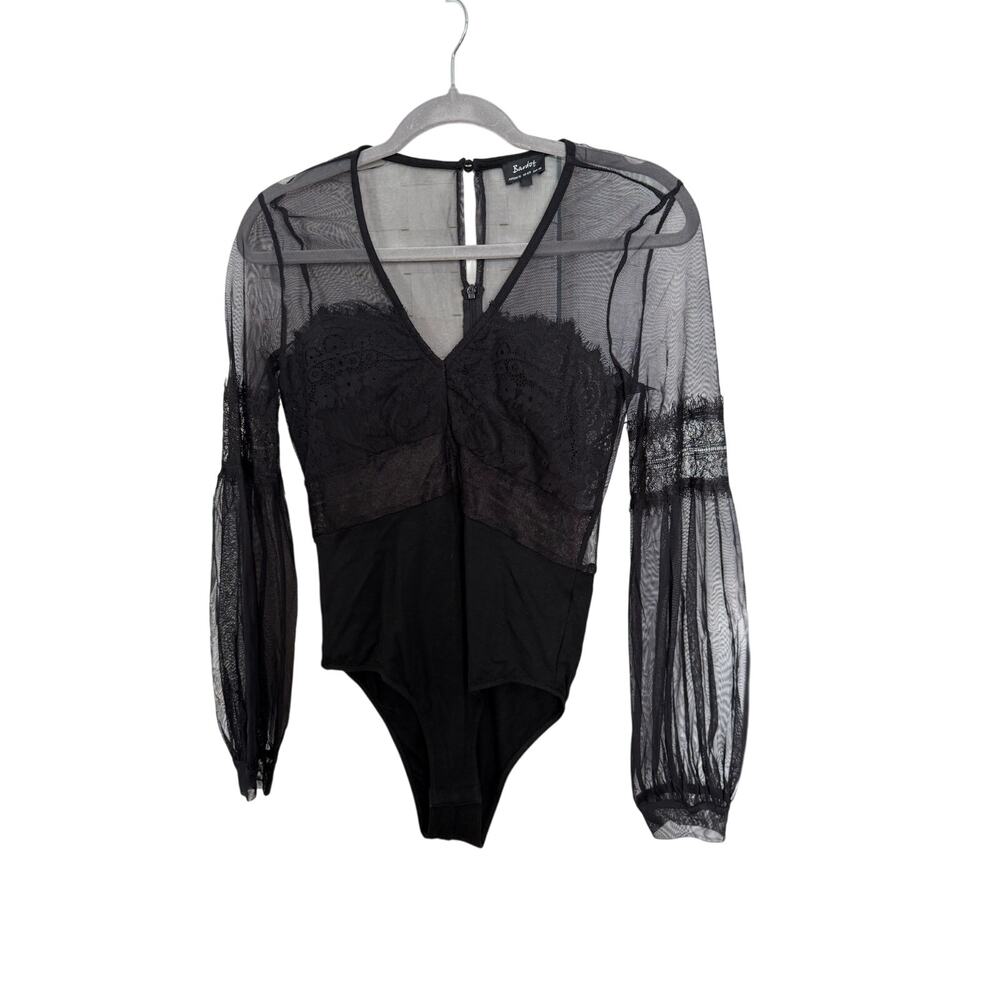 Bardot Bodysuit Women's 6 Black Lace Long Sleeve Sheer